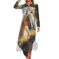 Robe-chemise fantaisie pour femme avec motif cheval et fleurs, boutonnée, manches longues et fendue.