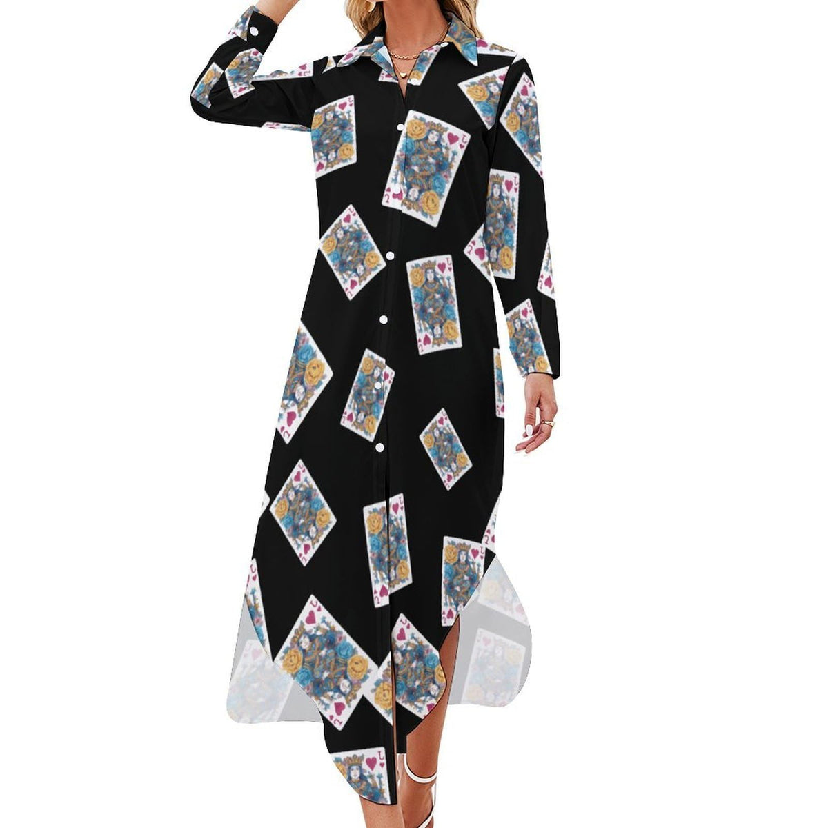 Robe-chemise tendance pour femme, motif valet de cœur, boutonnée, manches longues, maxi, robe d'été