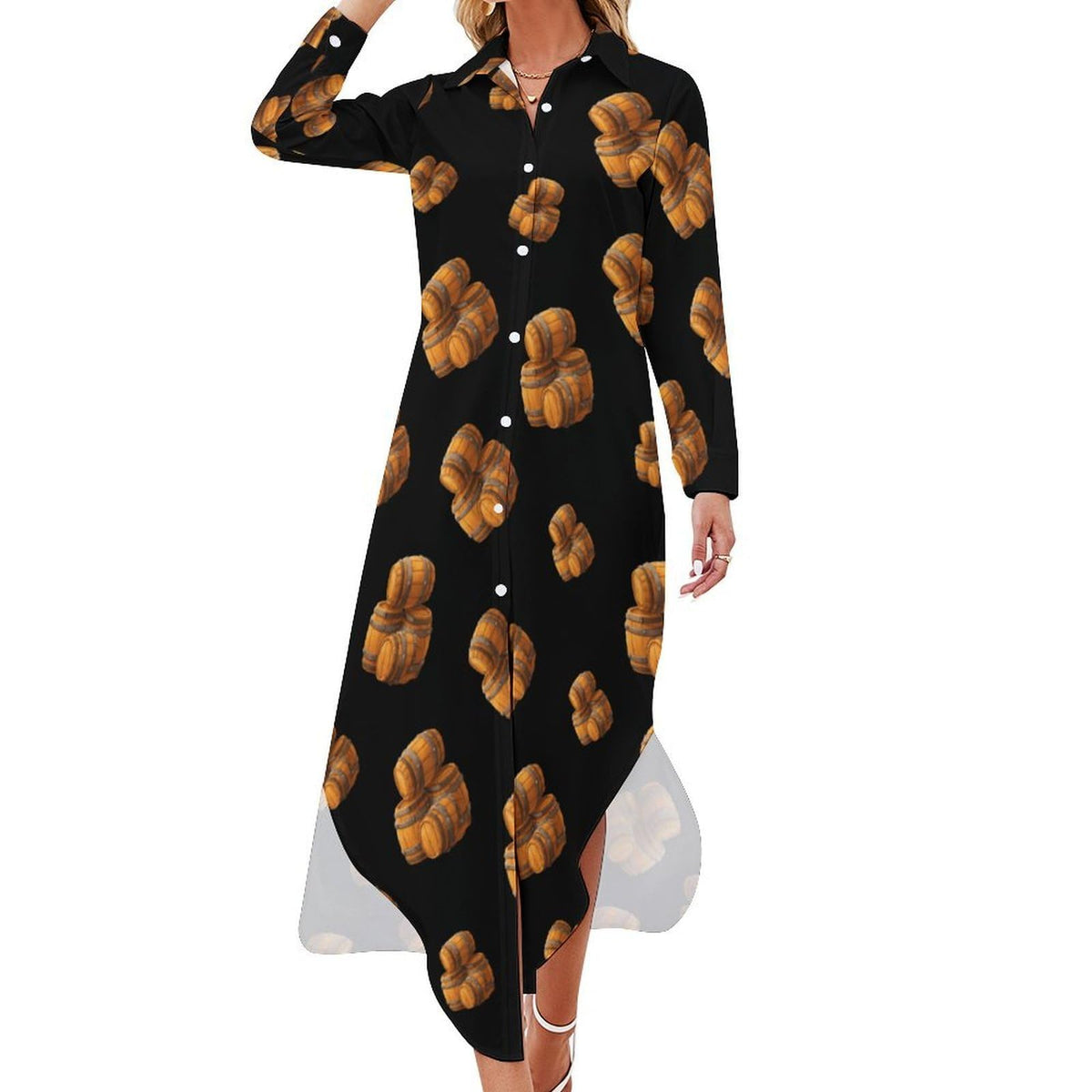 Robe-chemise tendance pour femme, à manches longues et boutons, ornée de tonneaux de bière. Robe longue maxi d'été.