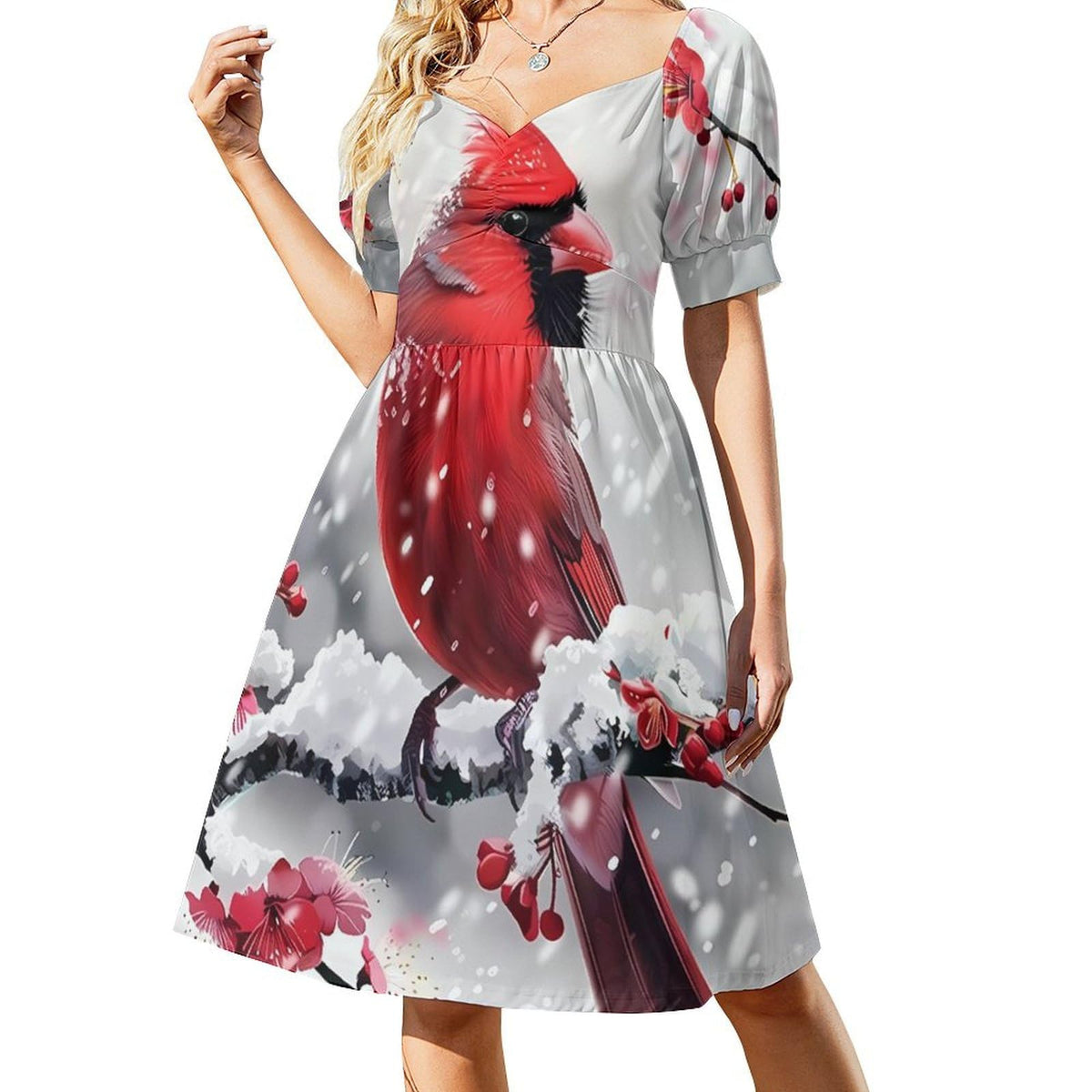 Robe d'été à manches courtes et col en V pour femme, motif oiseau rouge, style évasé.
