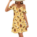 Robe courte d'été décontractée à épaules dénudées et manches à volants Honey Bees pour femme