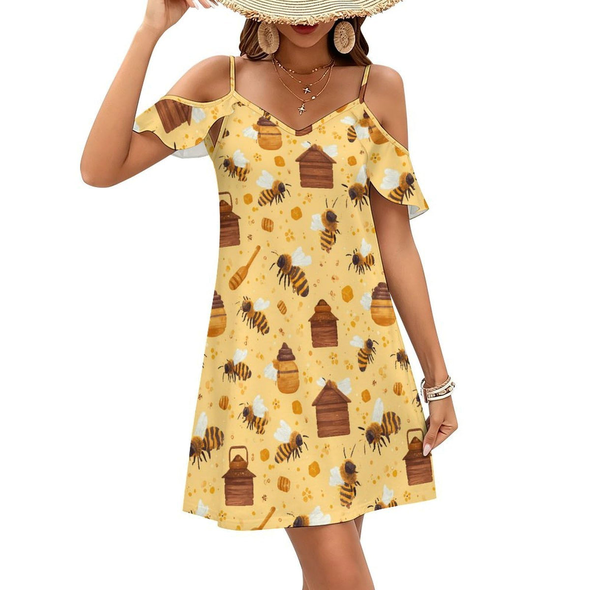 Robe courte d'été décontractée à épaules dénudées et manches à volants Honey Bees pour femme